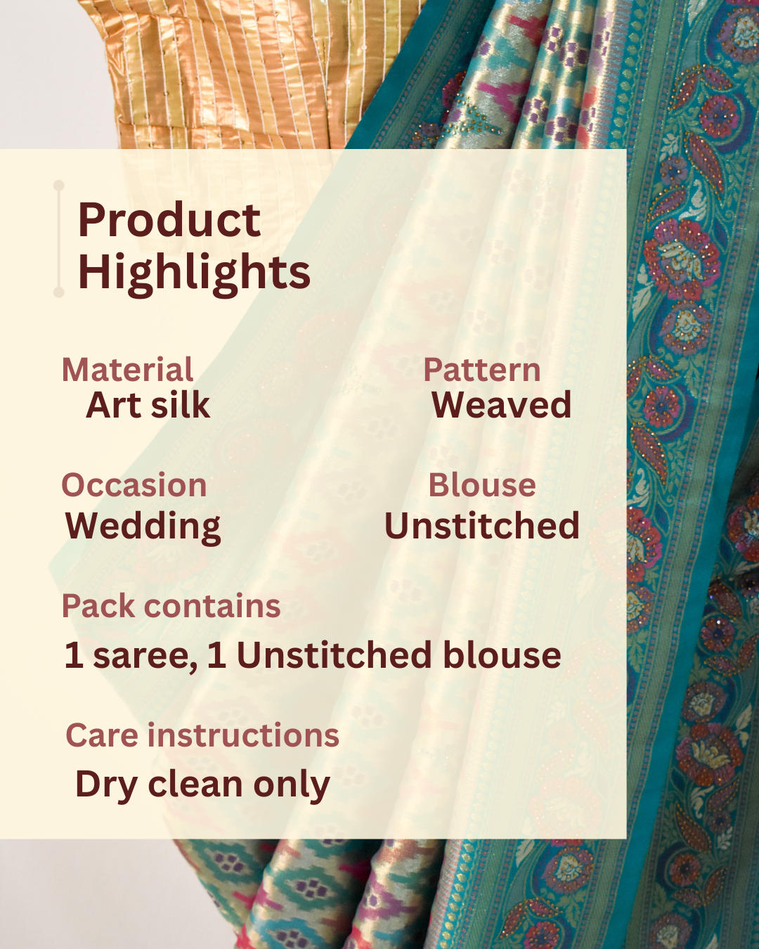 TEAL ELEGANCE – BANARASI ART SILK SAREE WITH GOLDEN ZARI & IKAT-INSPIRED MOTIFS.