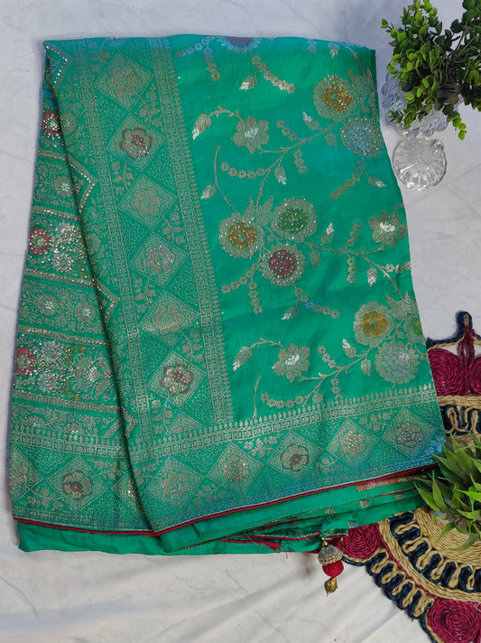 EMERALD GREEN DOLA SILK SAREE.