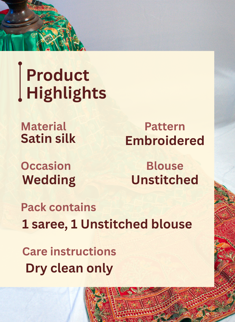 GREEN SATIN SILK SAREE WITH RED BORDER.