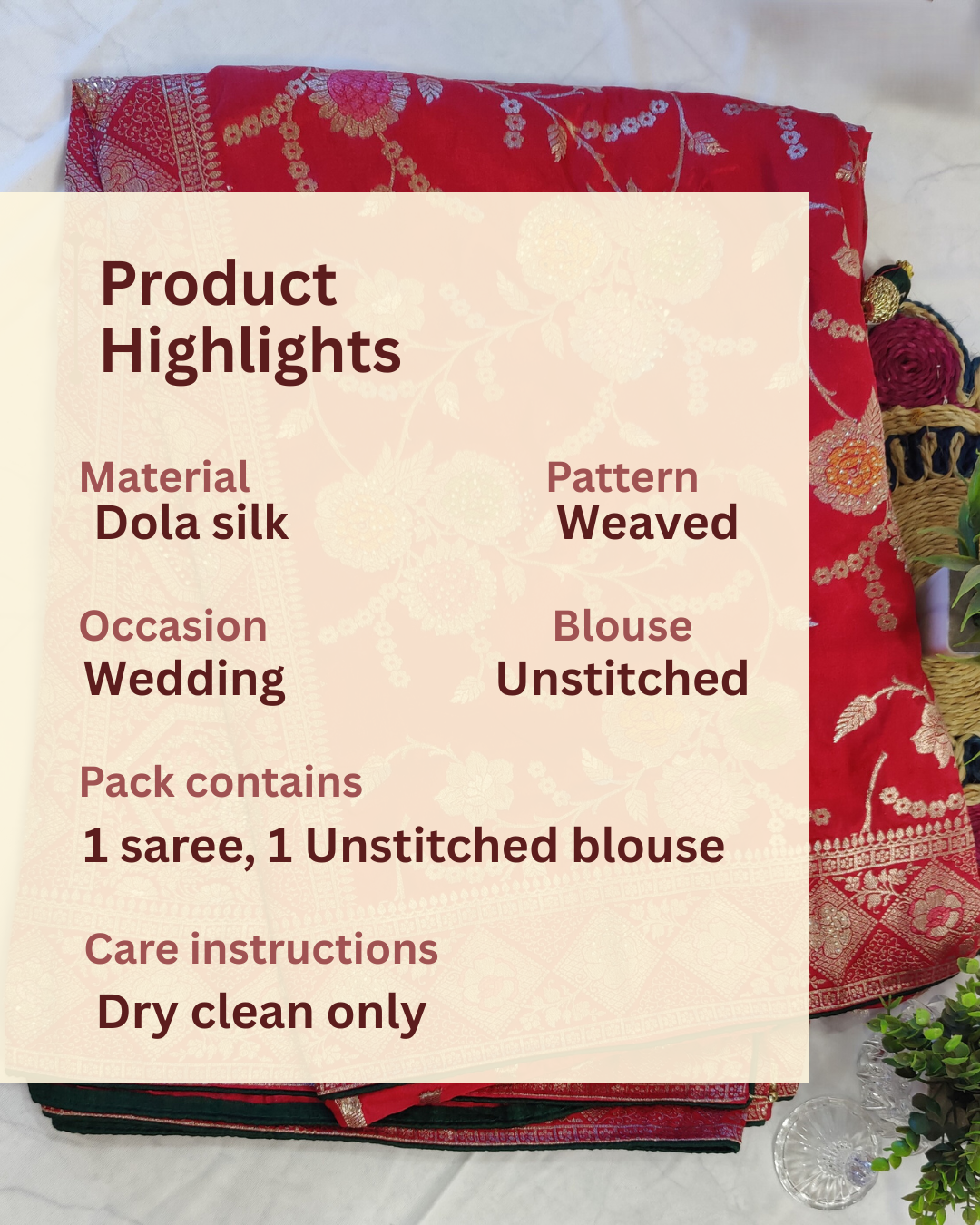 ROYAL CRIMSON RED DOLA SILK SAREE.