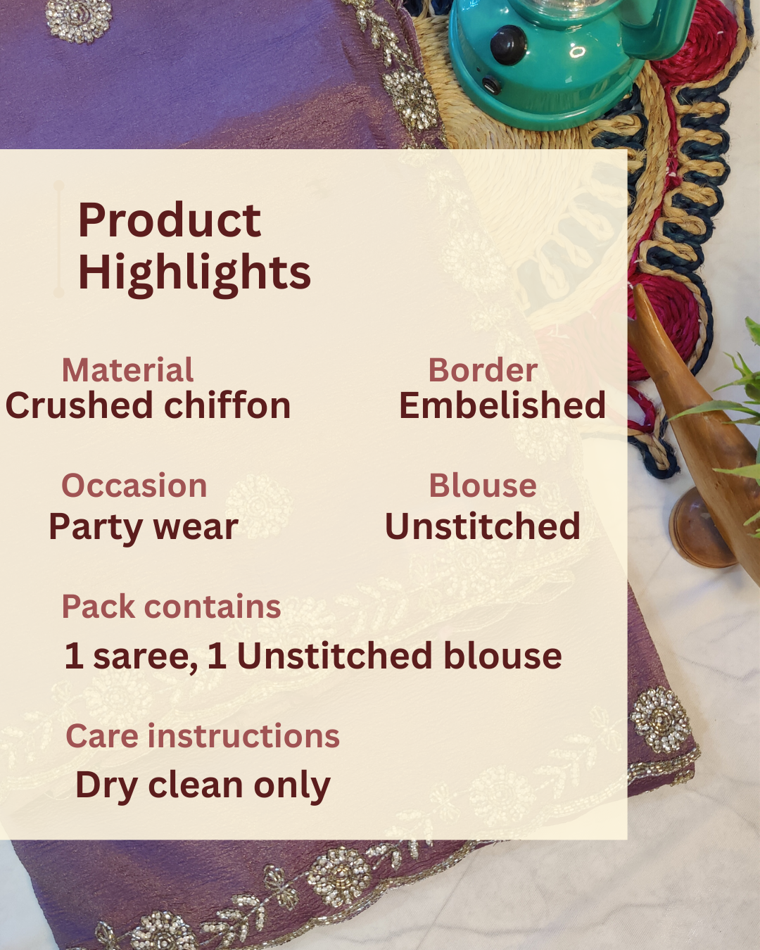 ROYAL MAUVE CRUSHED CHIFFON SAREE WITH HAND-EMBROIDERY BORDER.