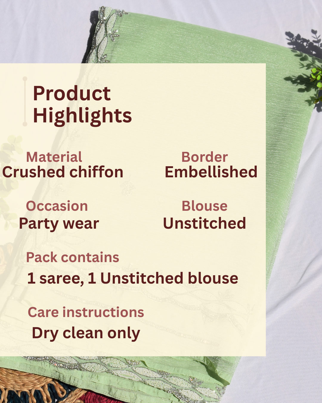 PASTEL MINT GREEN CRUSHED CHIFFON SAREE WITH INTRICATE EMBROIDERY BORDER.