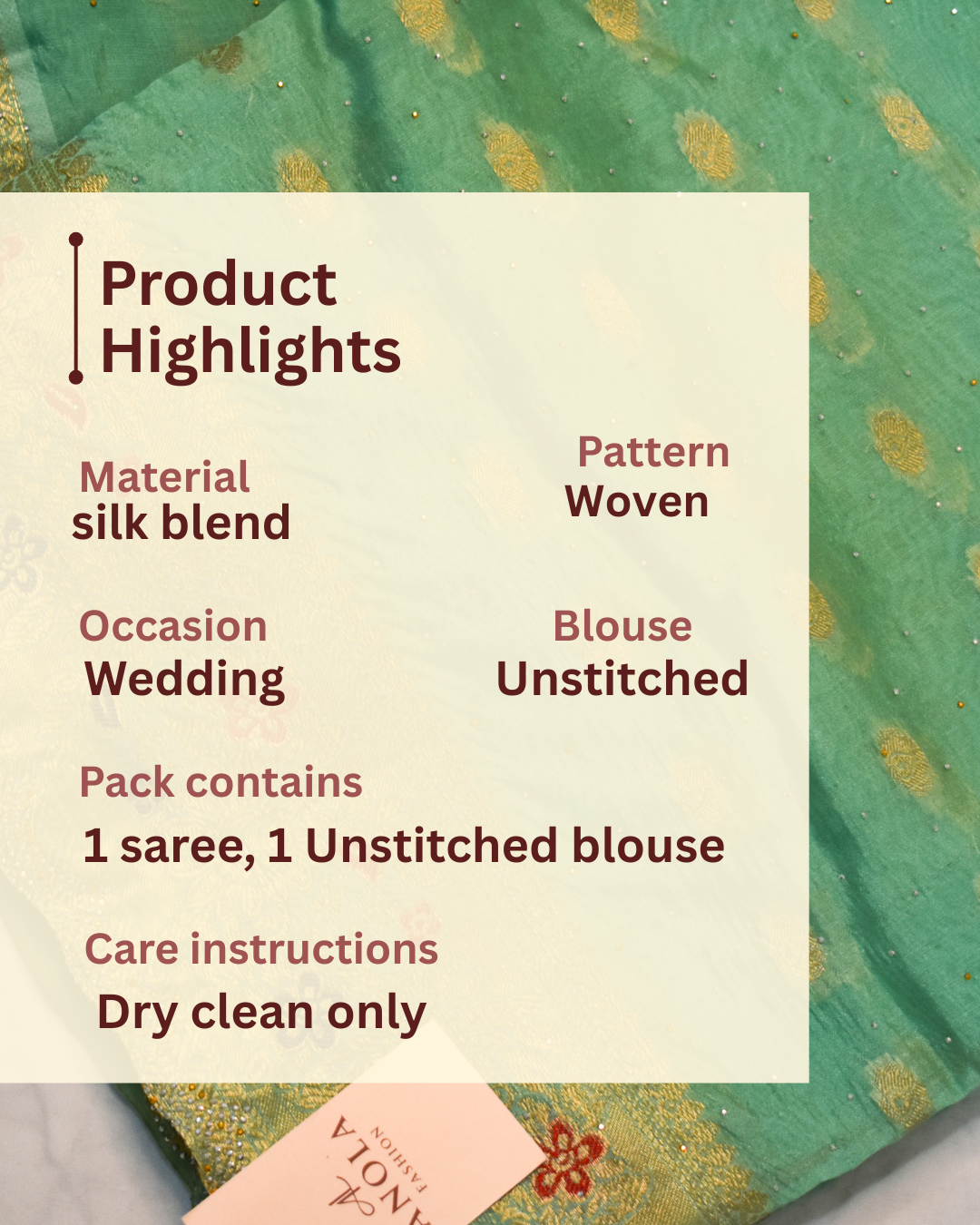 SEA GREEN SILK BLEND SAREE WITH ZARI, FLORAL BORDER & SWAROVSKI WORK.