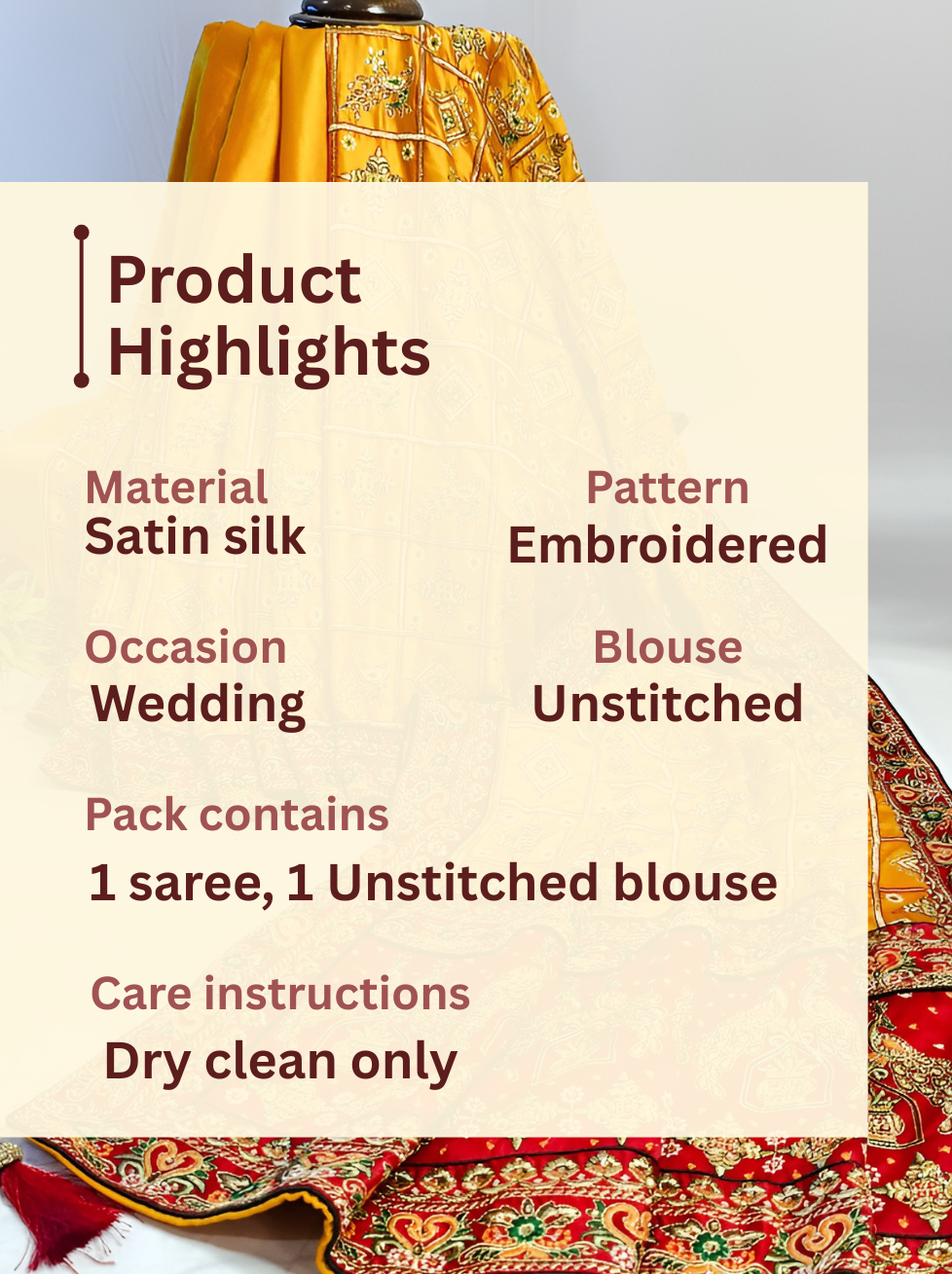 YELLOW SATIN SILK SAREE WITH HEAVY RED BORDER.