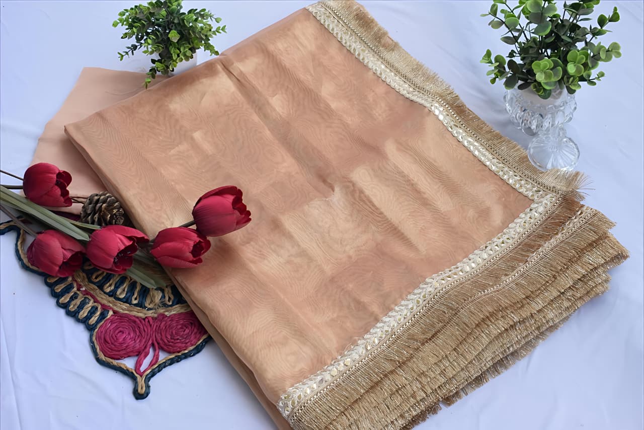 PURE TISSUE GOLD SAREE WITH FRINGE DETAILING.