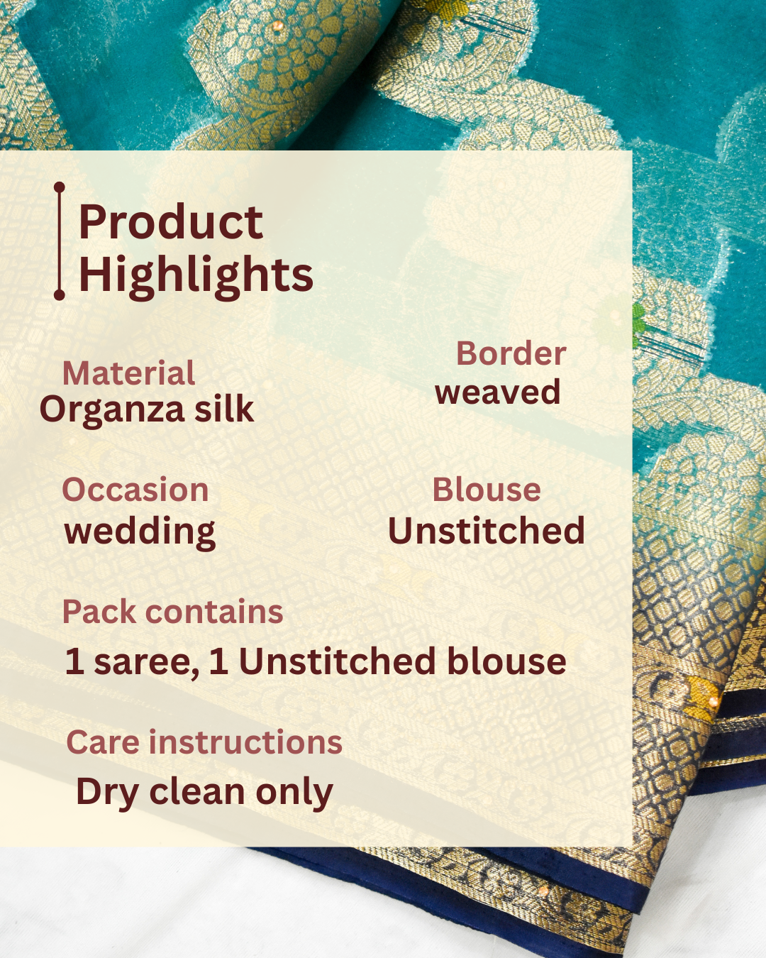 TEAL BLUE ORGANZA SILK SAREE WITH INTRICATE DARK BLUE AND GOLDEN ZARI WEAVING.