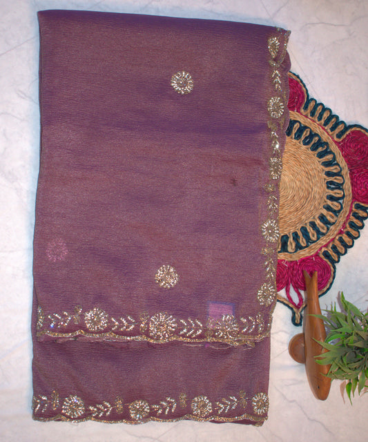 ROYAL MAUVE CRUSHED CHIFFON SAREE WITH HAND-EMBROIDERY BORDER.
