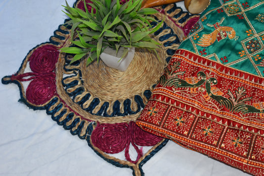 GREEN SATIN SILK SAREE WITH RED BORDER.