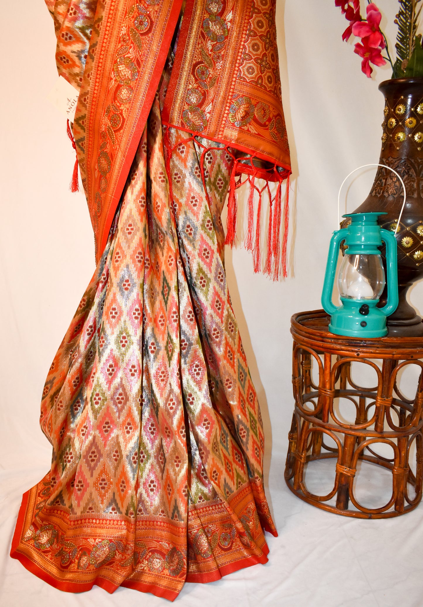 RED ART SILK SAREE WITH GOLDEN ZARI & IKAT- INSPIRED MOTIFS.