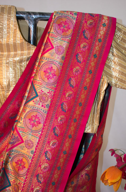 HOT PINK ART SILK SAREE WITH GOLDEN FLORAL ZARI WEAVING.