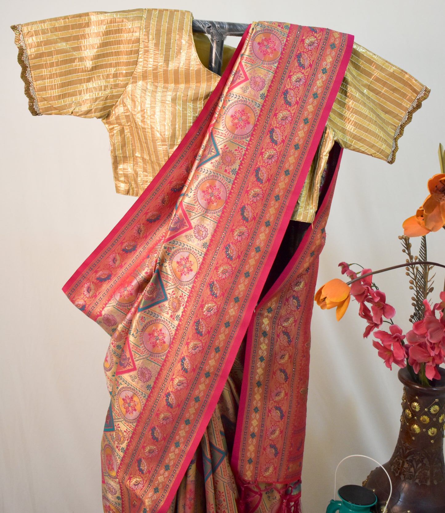 HOT PINK ART SILK SAREE WITH GOLDEN FLORAL ZARI WEAVING.