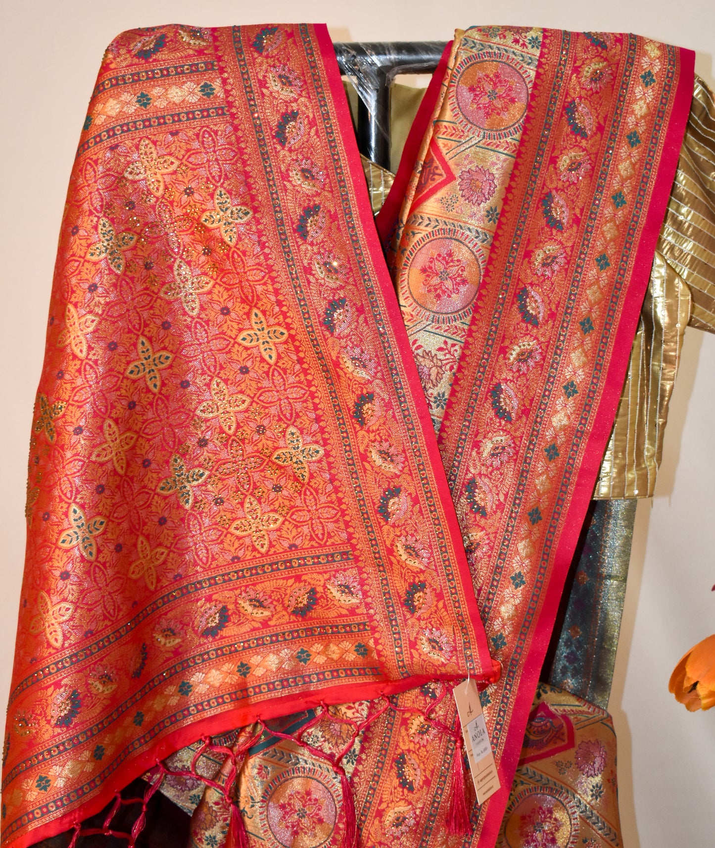 HOT PINK ART SILK SAREE WITH GOLDEN FLORAL ZARI WEAVING.