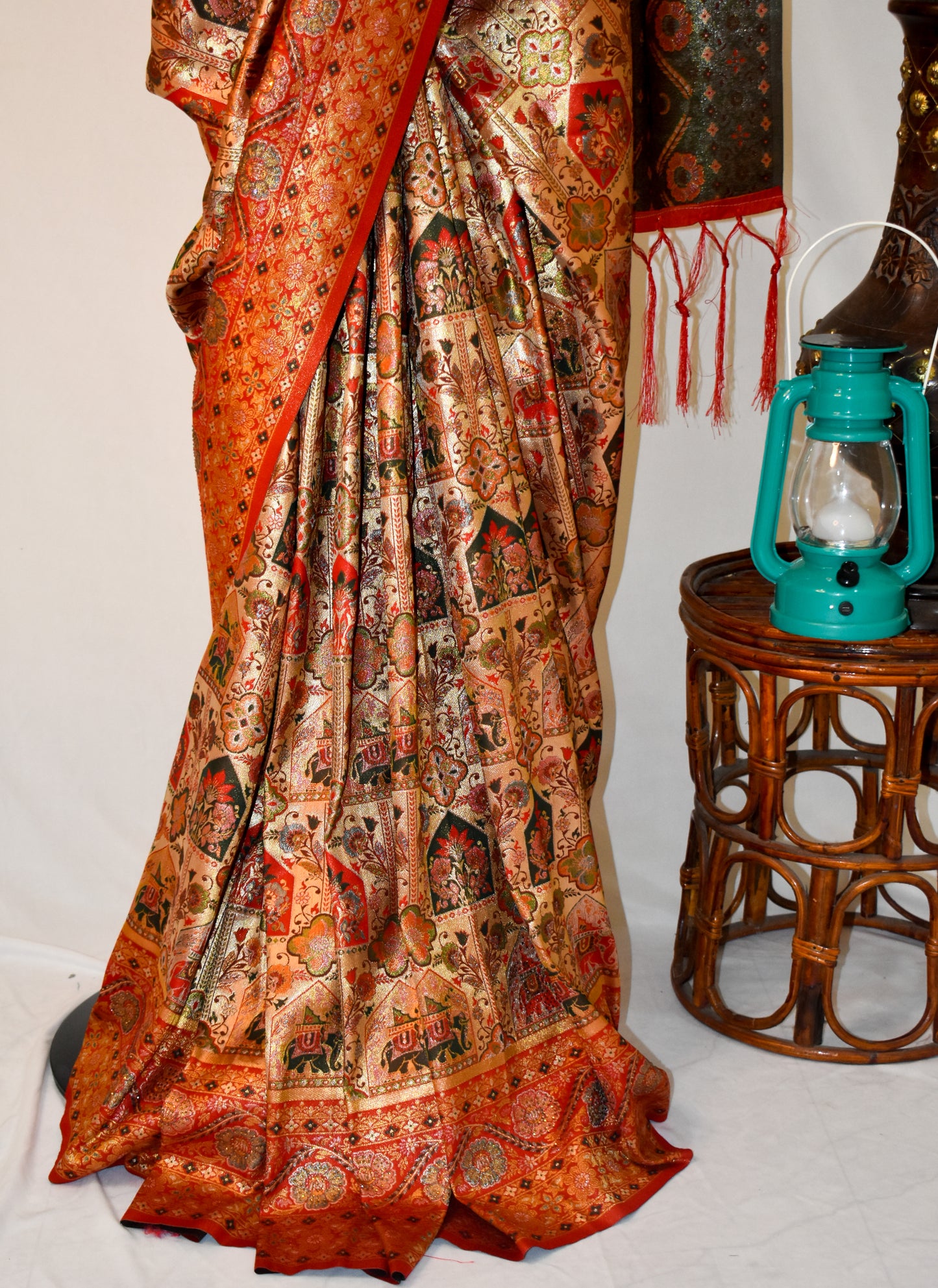 RED ART SILK SAREE WITH GOLDEN ZARI TEMPLE & ELEPHANT MOTIFS.