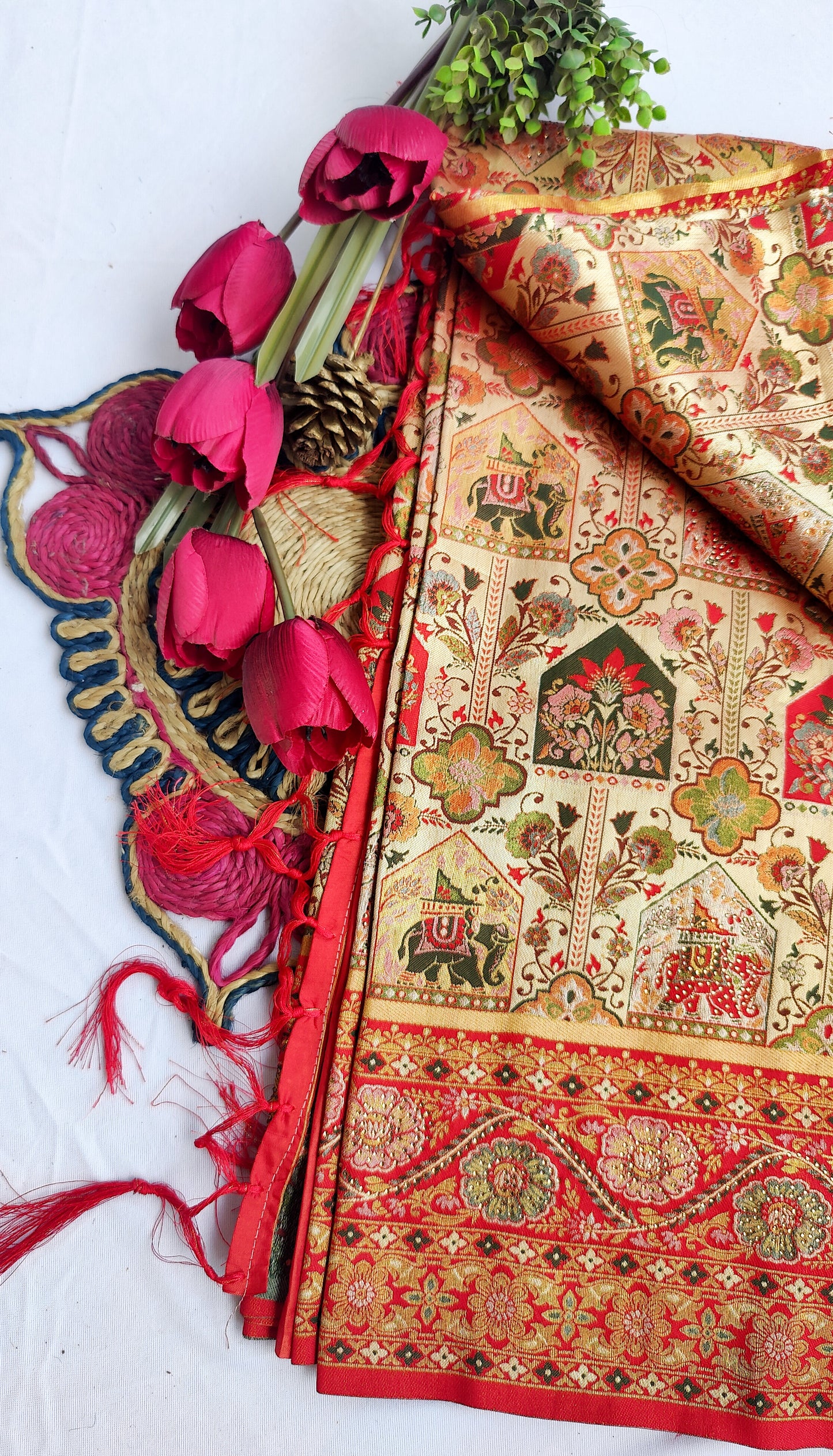 RED ART SILK SAREE WITH GOLDEN ZARI TEMPLE & ELEPHANT MOTIFS.