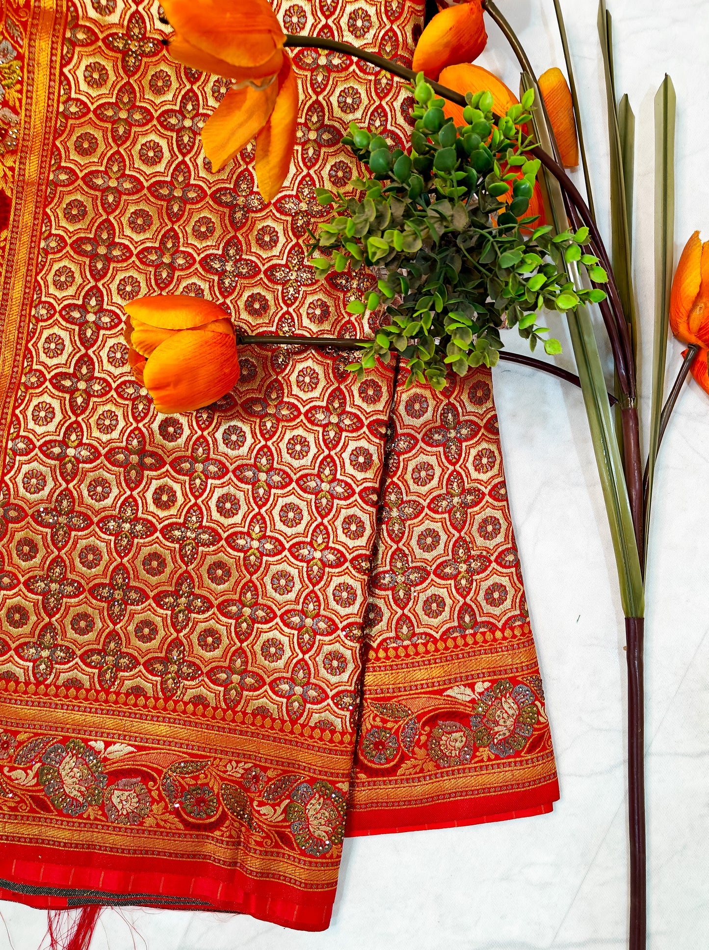 RED ART SILK SAREE WITH GOLDEN ZARI & IKAT- INSPIRED MOTIFS.