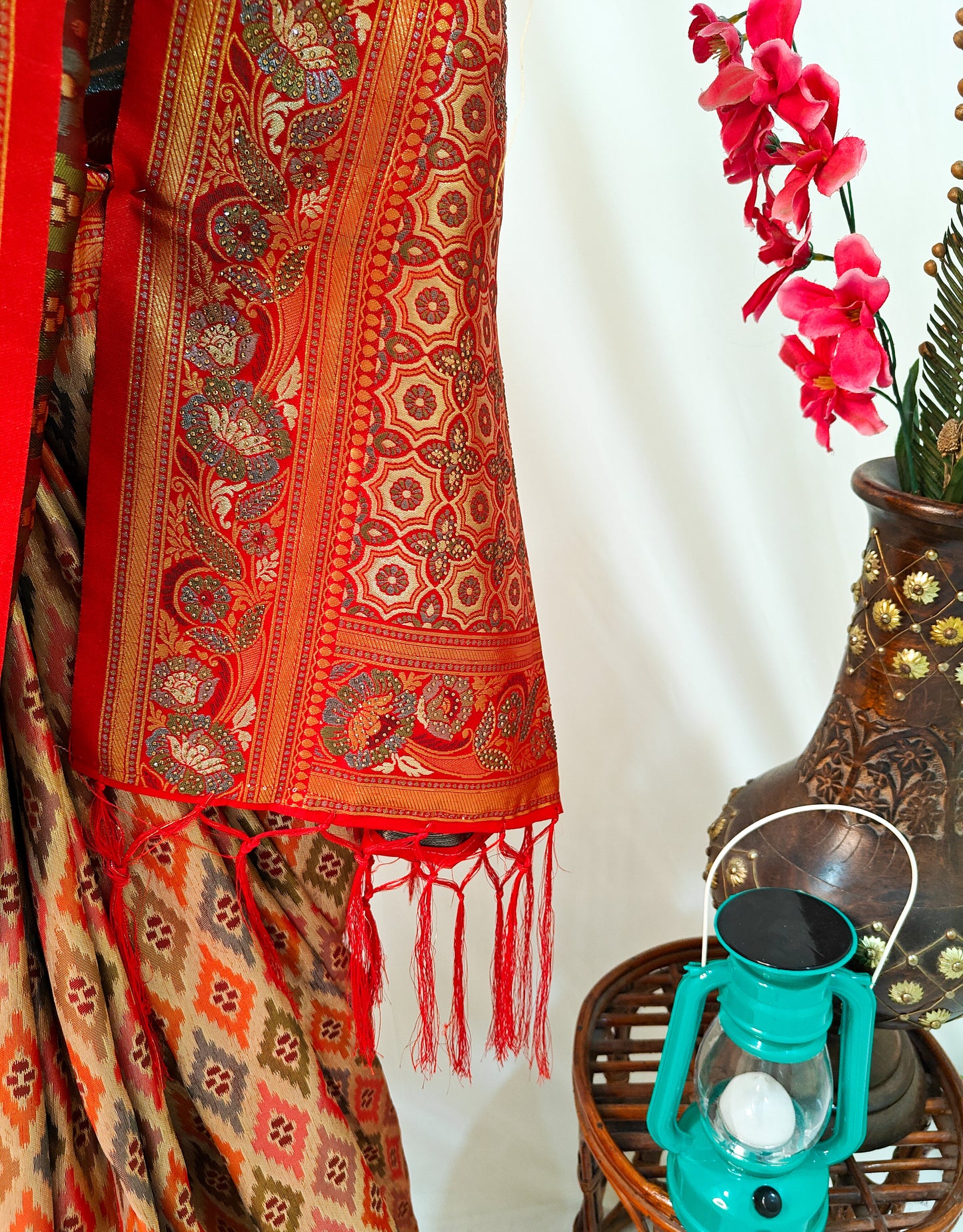 RED ART SILK SAREE WITH GOLDEN ZARI & IKAT- INSPIRED MOTIFS.