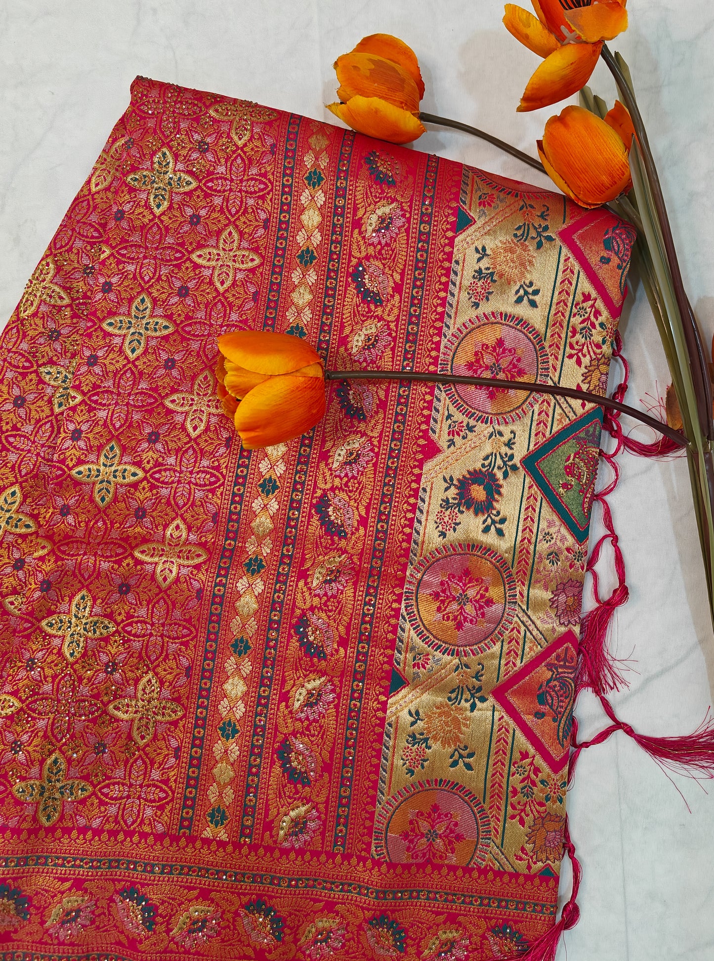 HOT PINK ART SILK SAREE WITH GOLDEN FLORAL ZARI WEAVING.