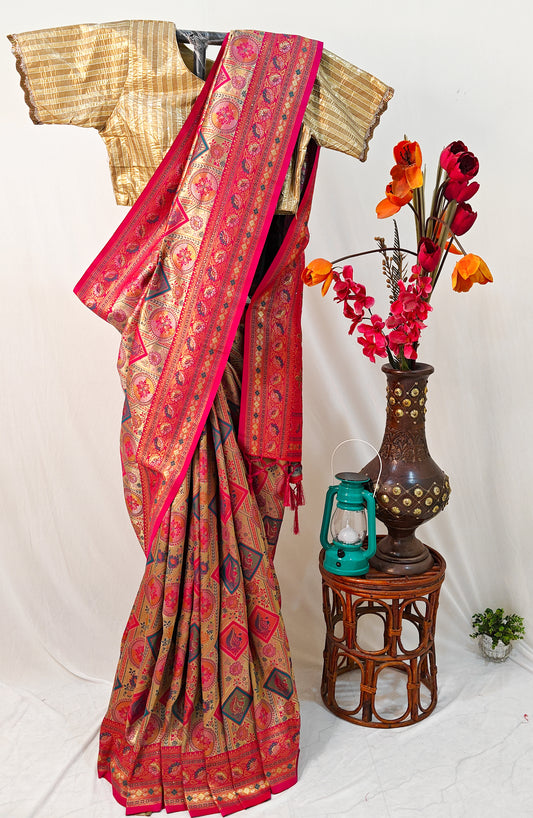 HOT PINK ART SILK SAREE WITH GOLDEN FLORAL ZARI WEAVING.