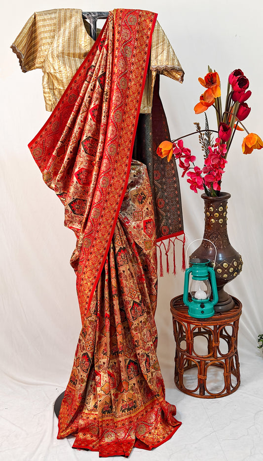 RED ART SILK SAREE WITH GOLDEN ZARI TEMPLE & ELEPHANT MOTIFS.