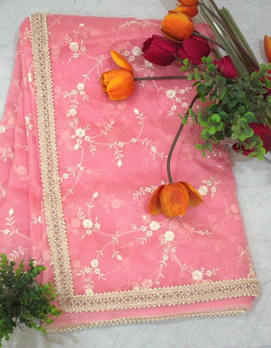 BABY PINK  PURE ORGANZA SAREE ADORNED WITH OFF-WHITE EMBROIDERY & PEARL EMBELLISHED BORDER.