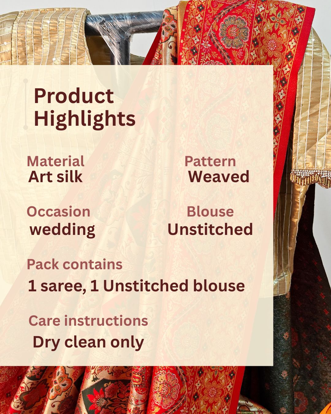 RED ART SILK SAREE WITH GOLDEN ZARI TEMPLE & ELEPHANT MOTIFS.