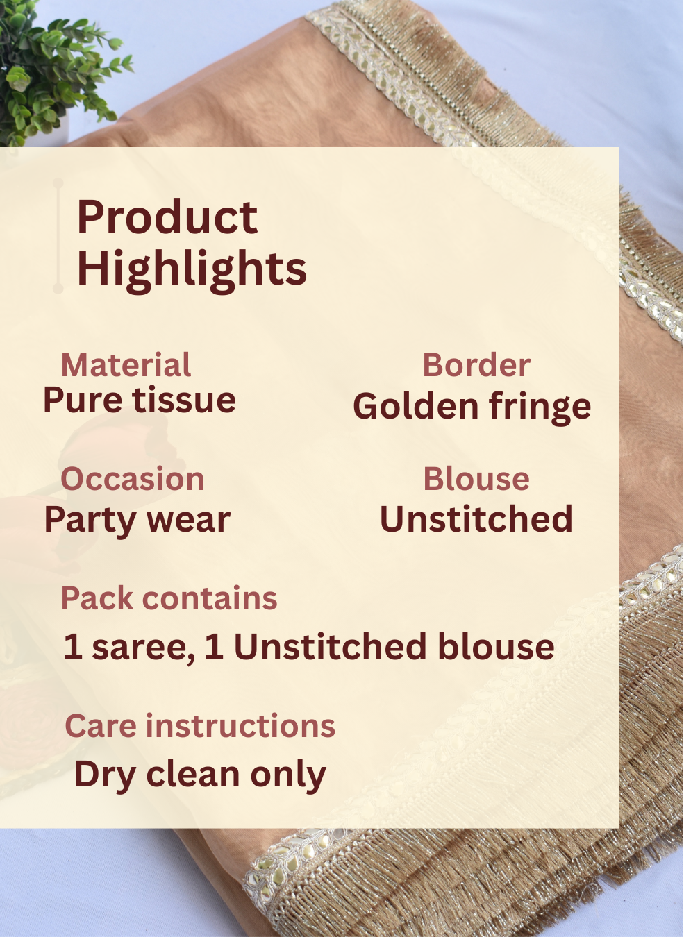 PURE TISSUE GOLD SAREE WITH FRINGE DETAILING.