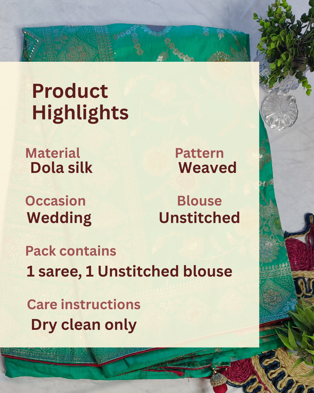 EMERALD GREEN DOLA SILK SAREE.