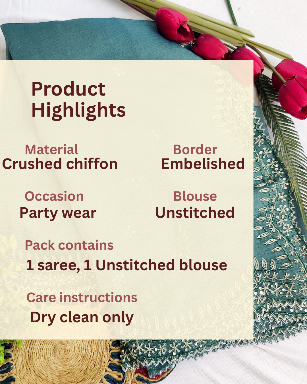 DARK GREY CRUSHED CHIFFON SAREE WITH HAND EMBROIDERED BORDER.