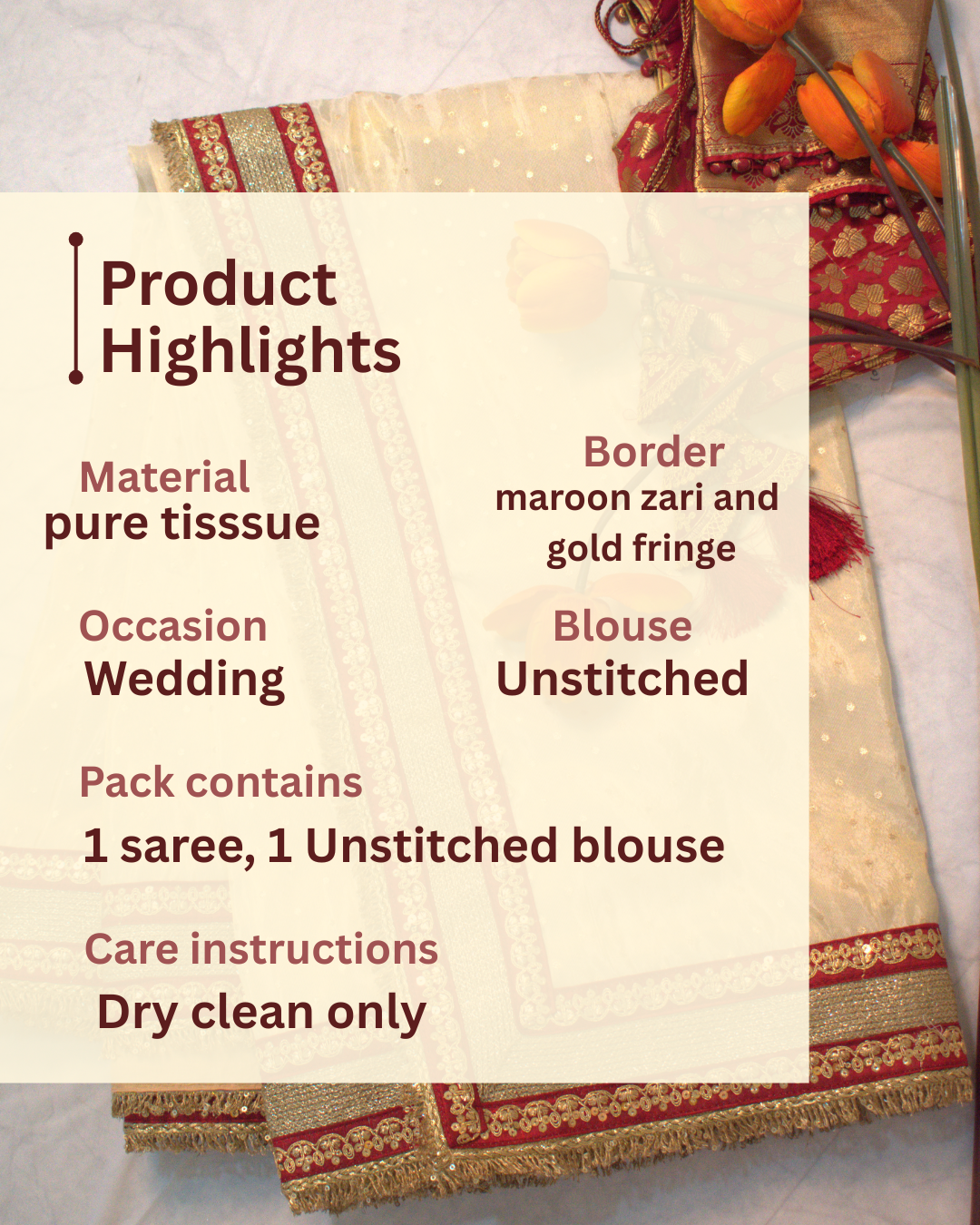 IVORY TISSUE SAREE WITH HEAVY MAROON ZARI BORDER AND FRINGE DETAILING.