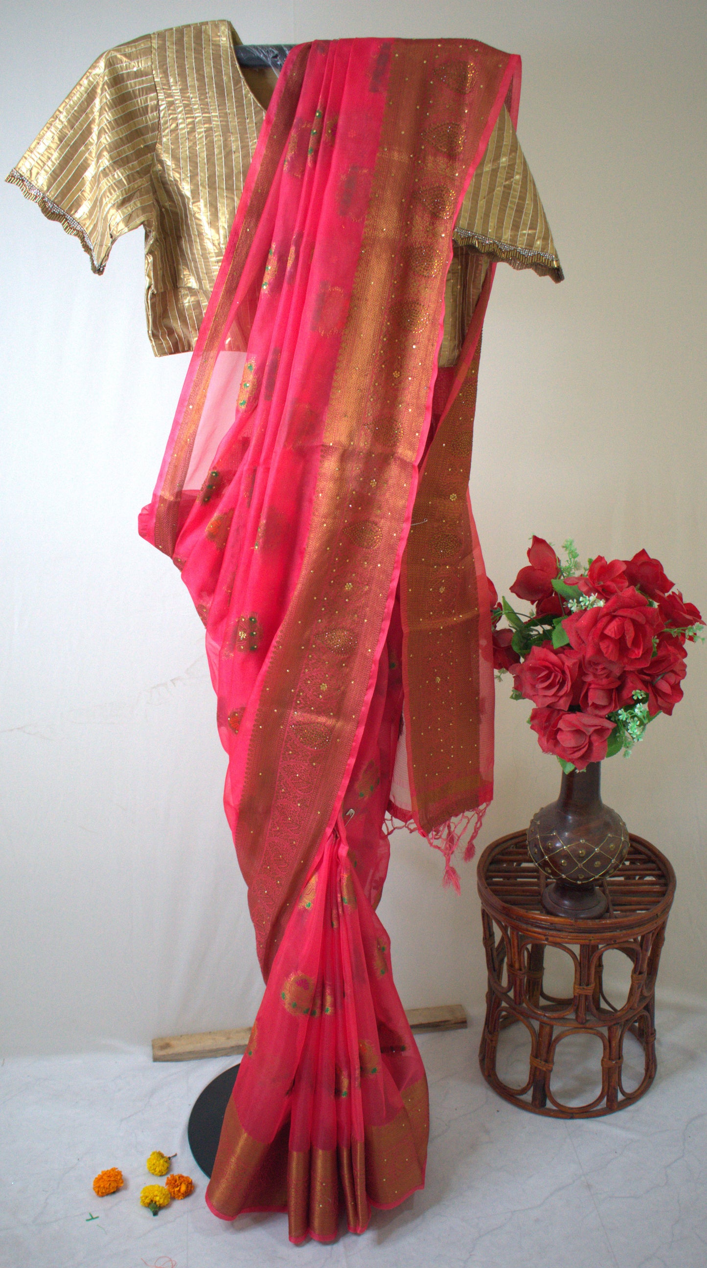 CRIMSON PINK ORGANZA SILK SAREE WITH ZARI WEAVE & BEAD DETAILING.
