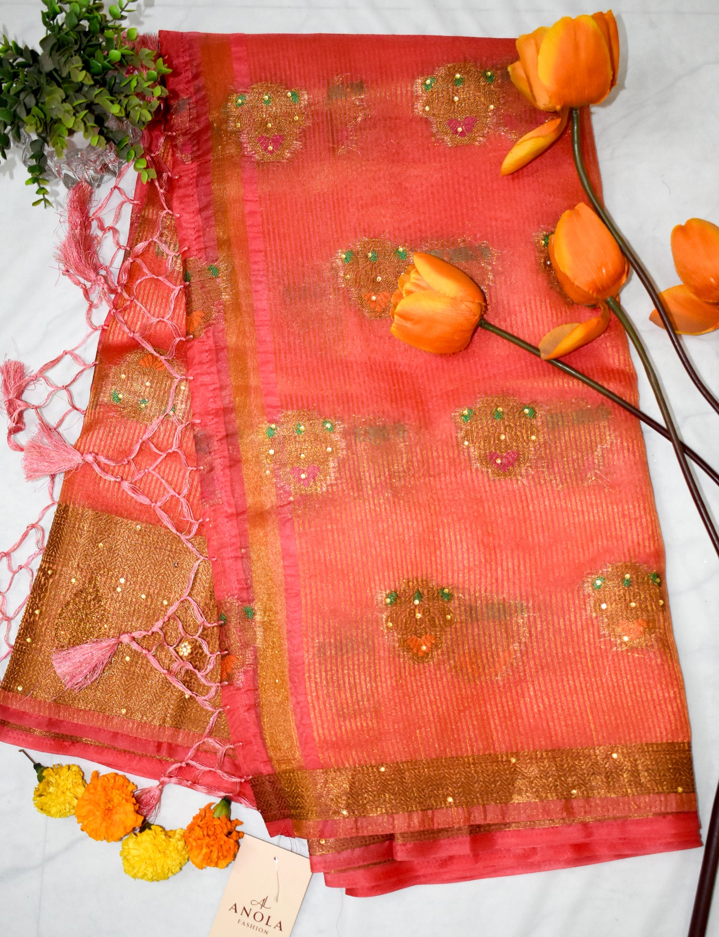 CRIMSON PINK ORGANZA SILK SAREE WITH ZARI WEAVE & BEAD DETAILING.