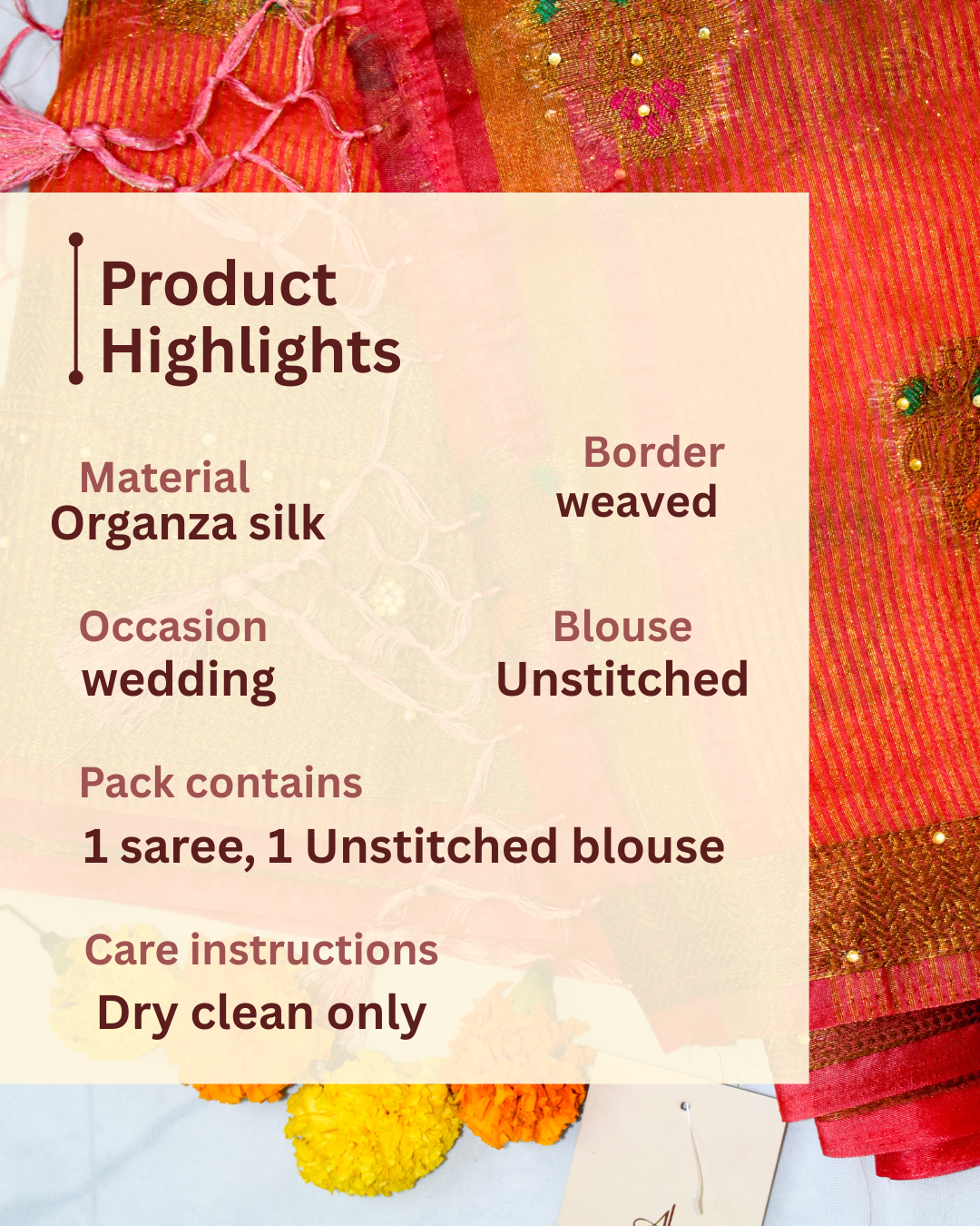 CRIMSON PINK ORGANZA SILK SAREE WITH ZARI WEAVE & BEAD DETAILING.