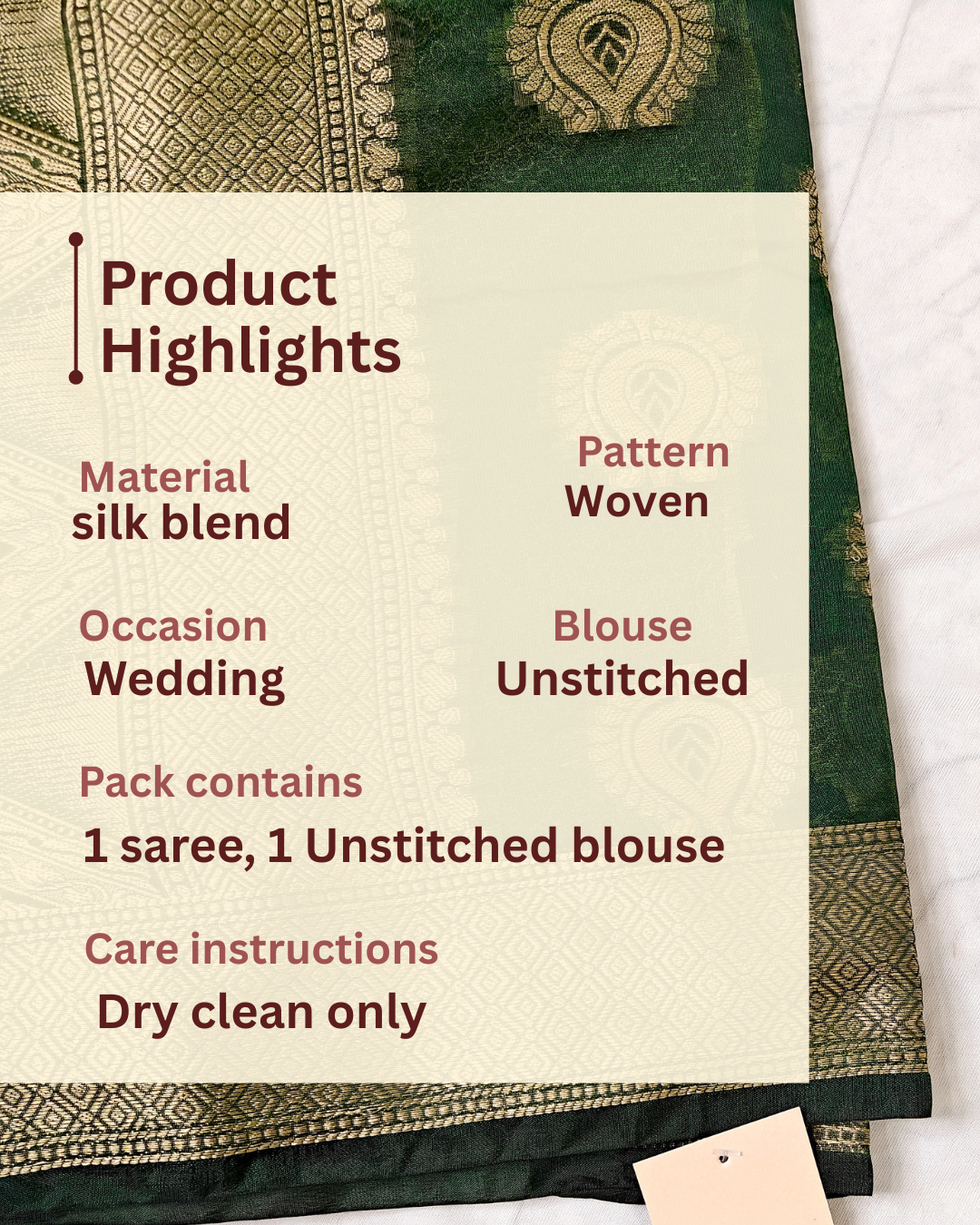 DARK BOTTLE GREEN SILK BLEND SAREE WITH INTRICATE GOLDEN ZARI WEAVING.