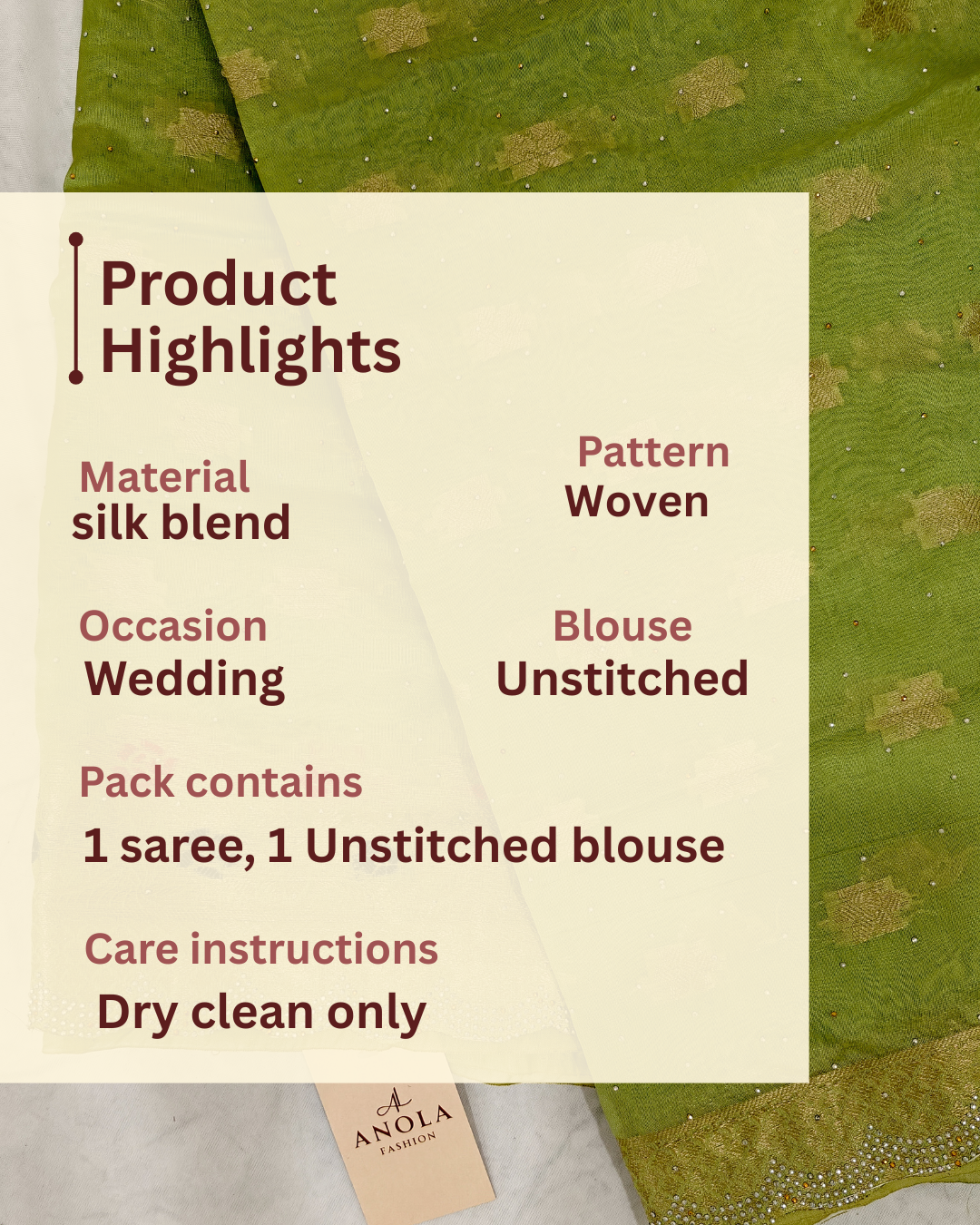 PARROT GREEN SILK BLEND SAREE WITH ZARI FLORAL BORDER & SWAROVSKI DETAILING.