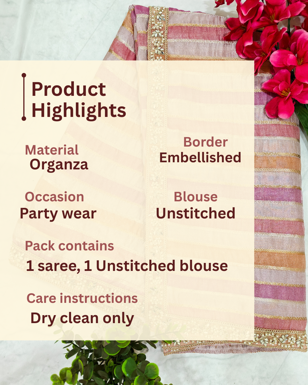 ORGANZA STRIPED SAREE IN PURPLE, LAVENDER, PINK, PEACH & GOLD WITH EMBELLISHED BORDER.