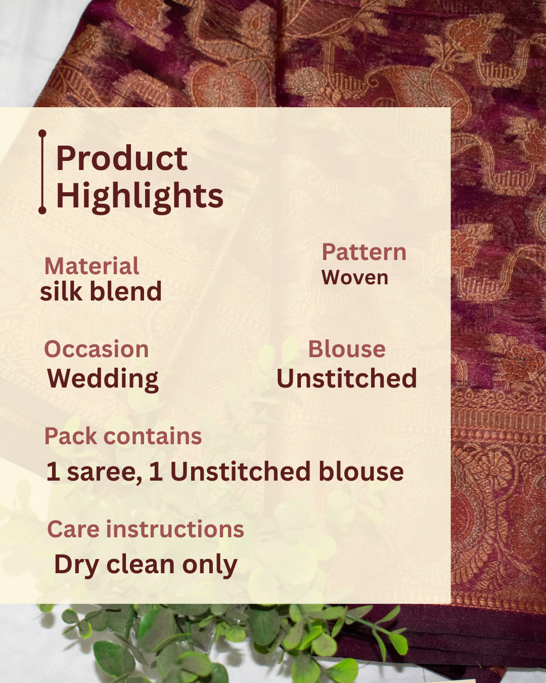 DARK PURPLE SILK BLEND SAREE WITH INTRICATE GOLDEN ZARI WEAVING.