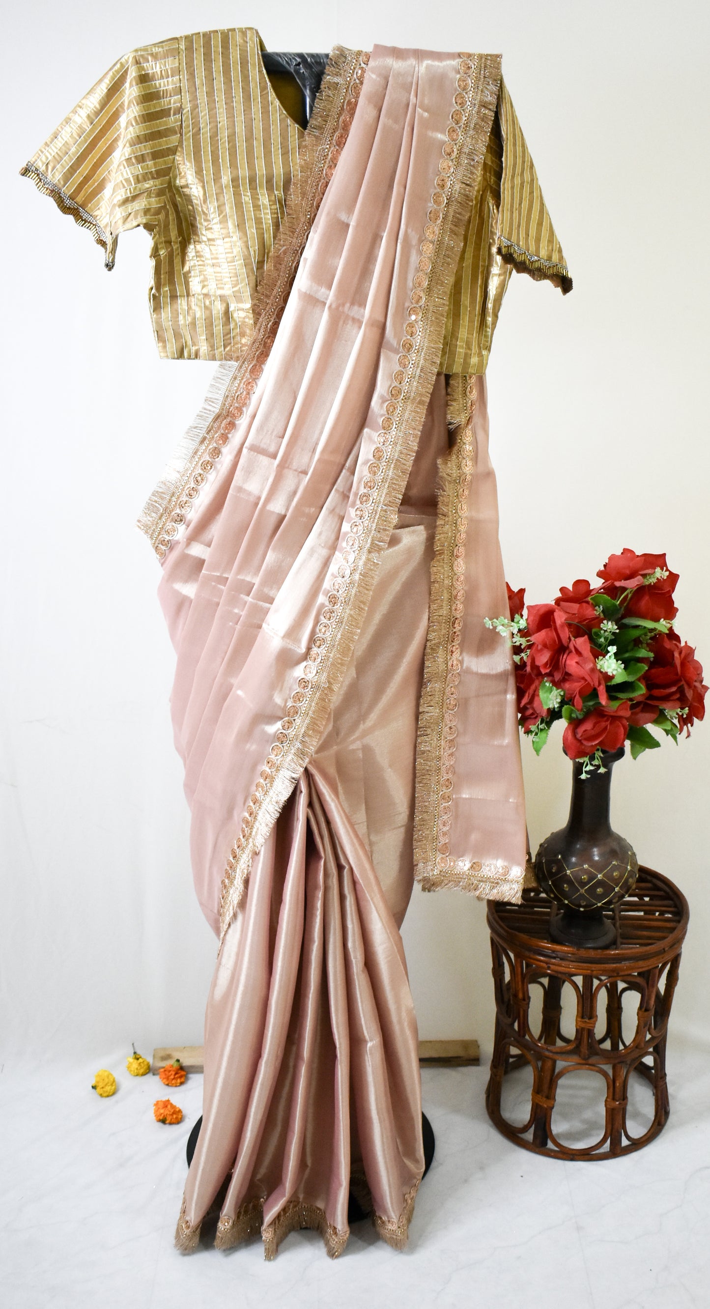 PURE TISSUE ROSE GOLD SAREE WITH ROSE GOLD SEQUIN & FRINGE DETAILING.