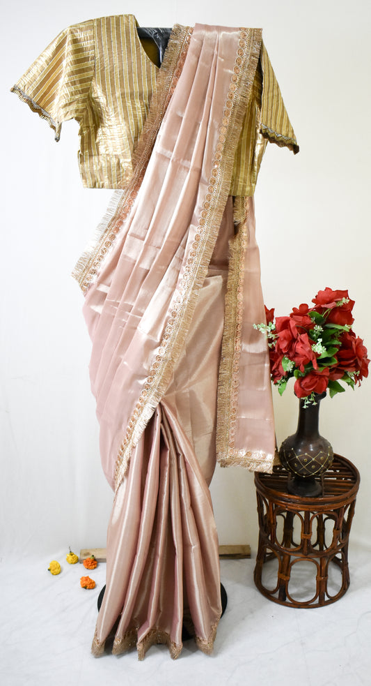 PURE TISSUE ROSE GOLD SAREE WITH ROSE GOLD SEQUIN & FRINGE DETAILING.