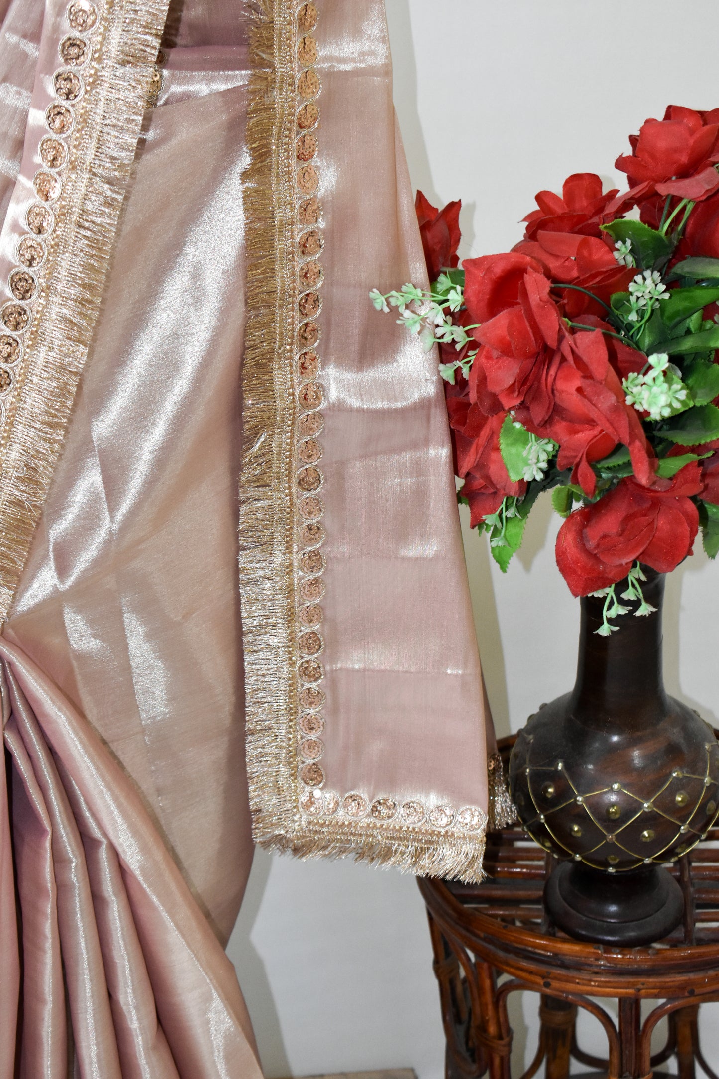 PURE TISSUE ROSE GOLD SAREE WITH ROSE GOLD SEQUIN & FRINGE DETAILING.