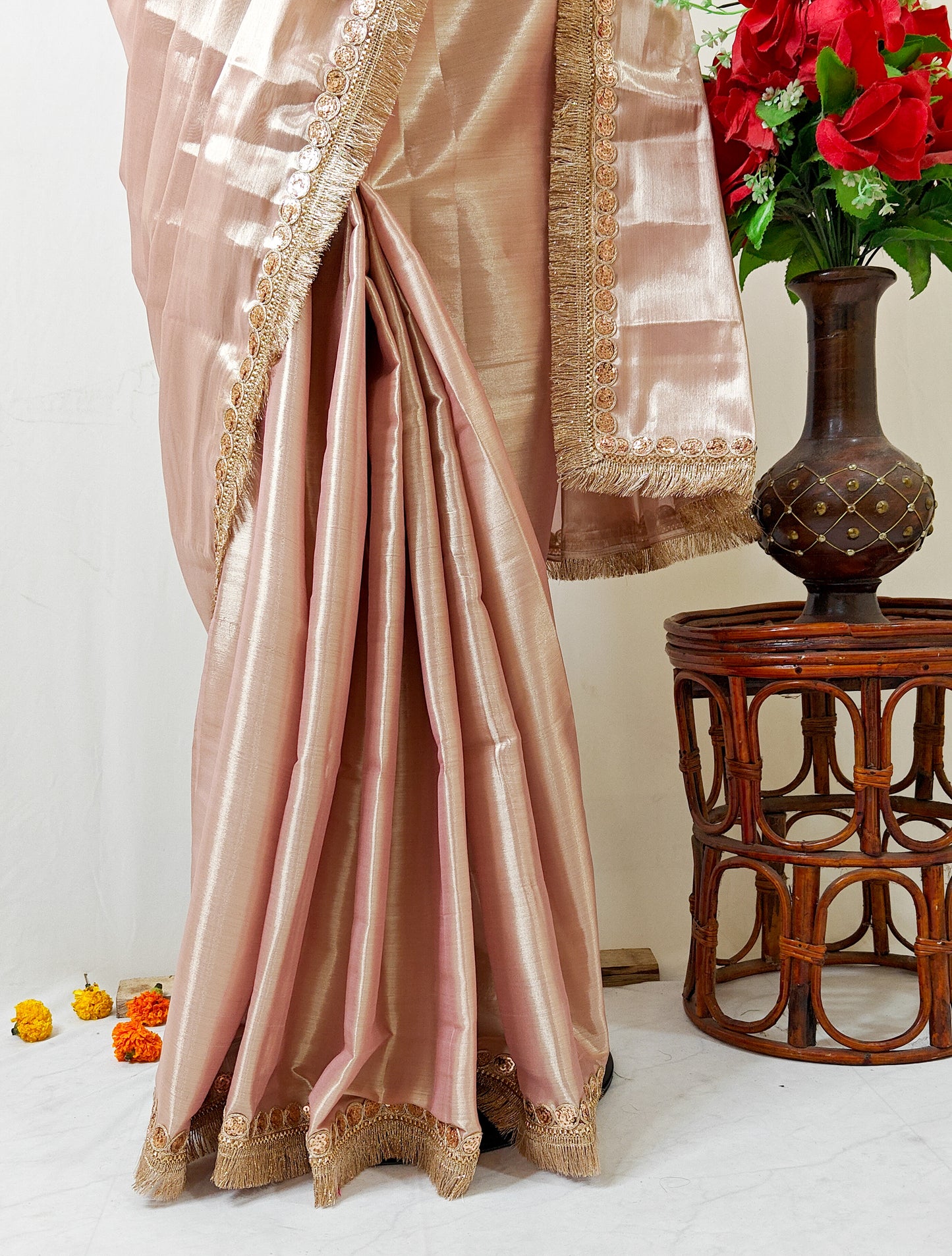 PURE TISSUE ROSE GOLD SAREE WITH ROSE GOLD SEQUIN & FRINGE DETAILING.