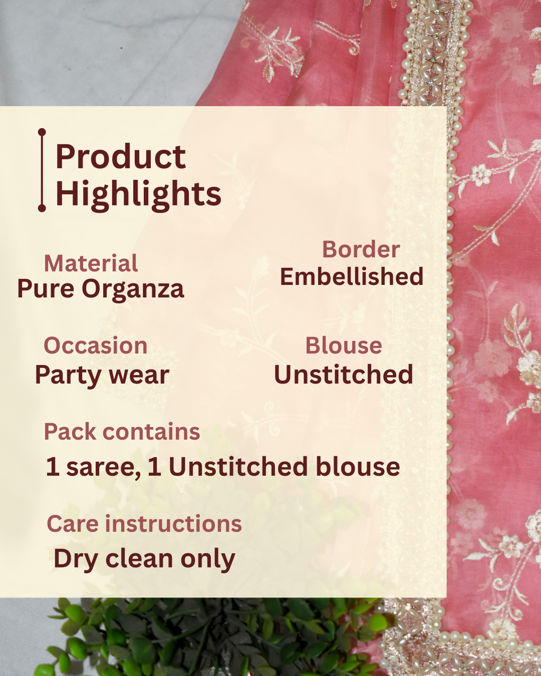 BABY PINK  PURE ORGANZA SAREE ADORNED WITH OFF-WHITE EMBROIDERY & PEARL EMBELLISHED BORDER.