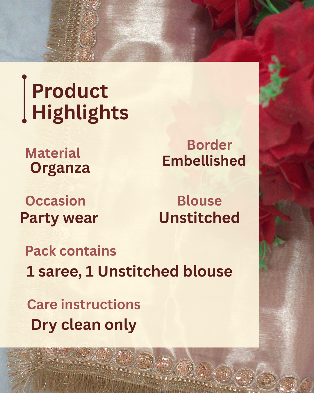 PURE TISSUE ROSE GOLD SAREE WITH ROSE GOLD SEQUIN & FRINGE DETAILING.