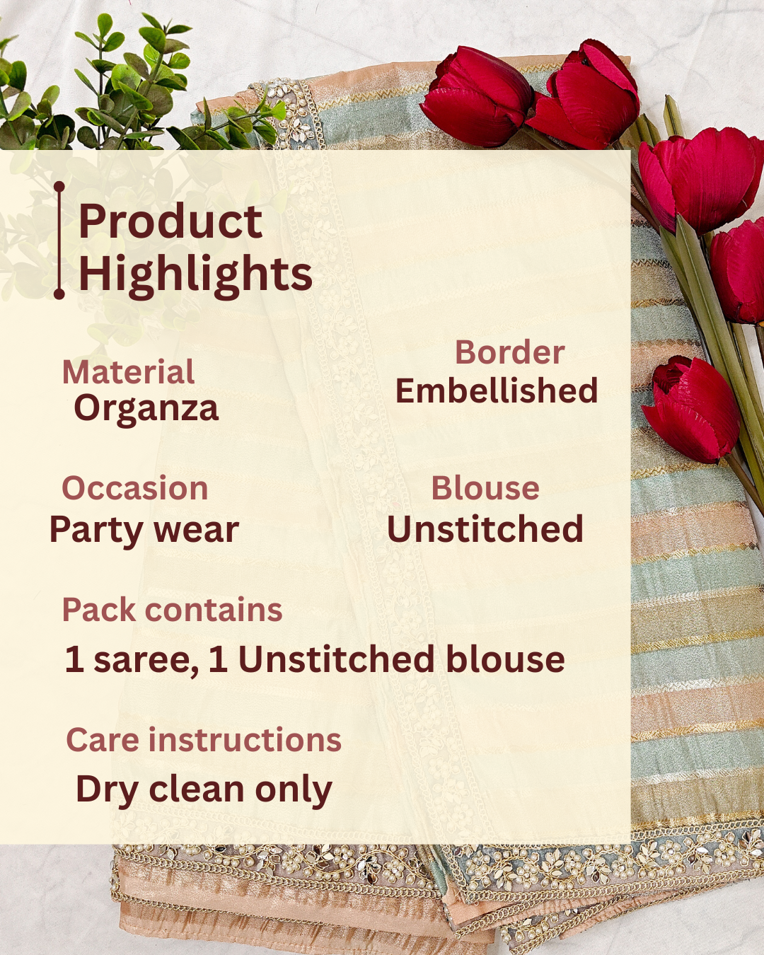 ORGANZA STRIPED SAREE IN SKY-BLUE, PEACH, OLIVE & GOLD WITH EMBELLISHED BORDER.